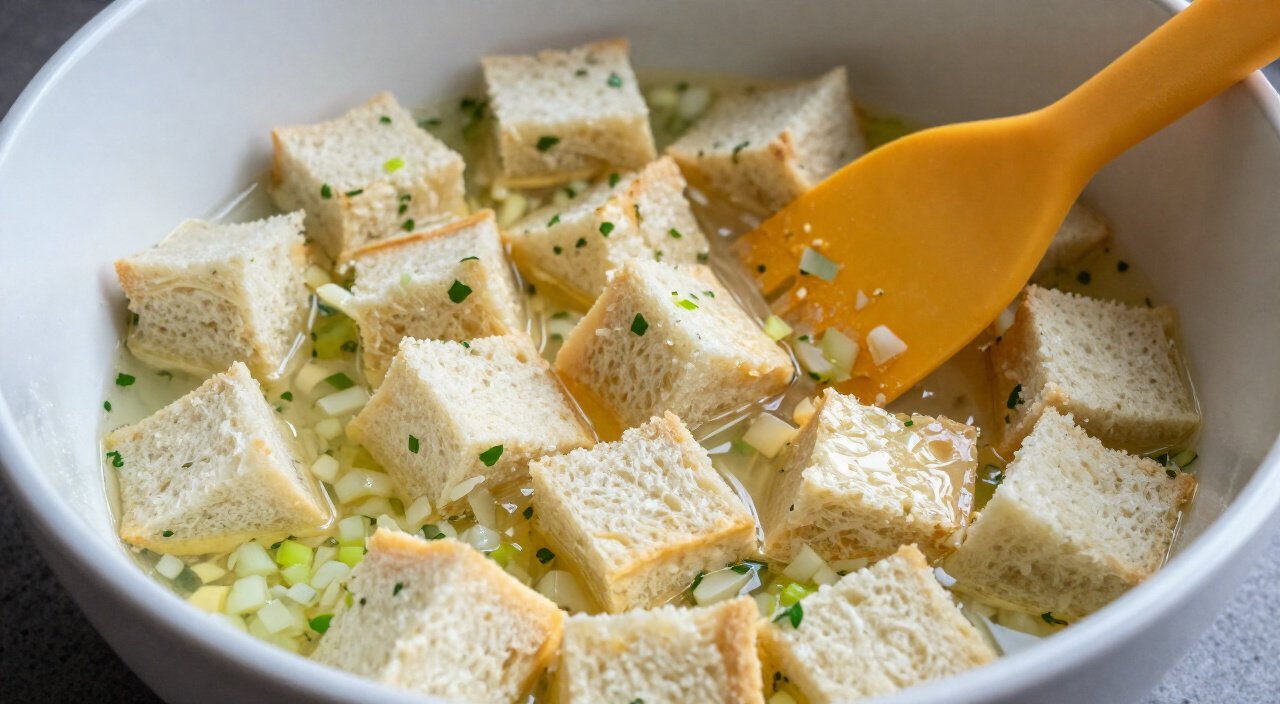 broth-soaked bread cubes with herbs and vegetables folded in a bowl