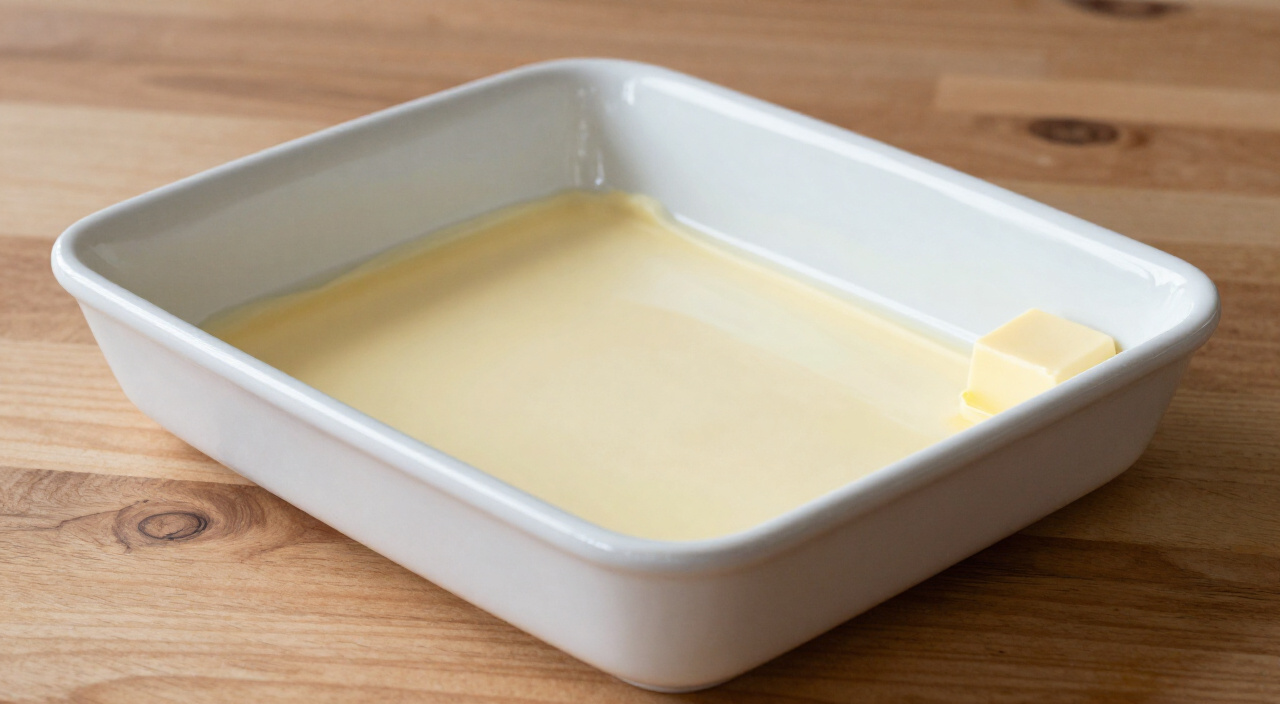 buttered rectangular ceramic baking dish ready for stuffing