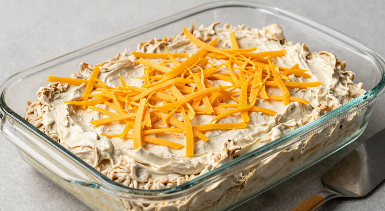 chicken and rice filling topped with shredded cheddar in a glass baking dish