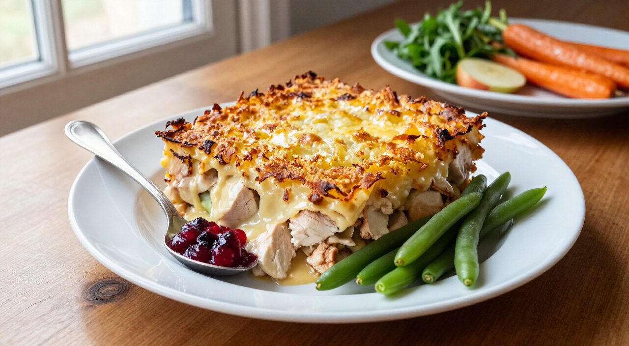 Chicken and stove top stuffing casserole plated with green beans, cranberry sauce, apple arugula salad and roasted carrots