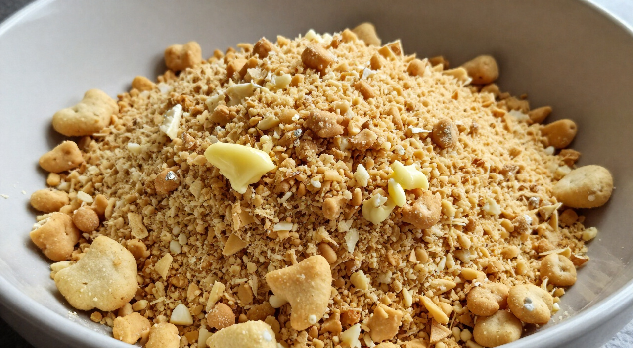 Coarsely crushed Ritz crackers tossed with melted butter in a bowl, with large buttery pieces
