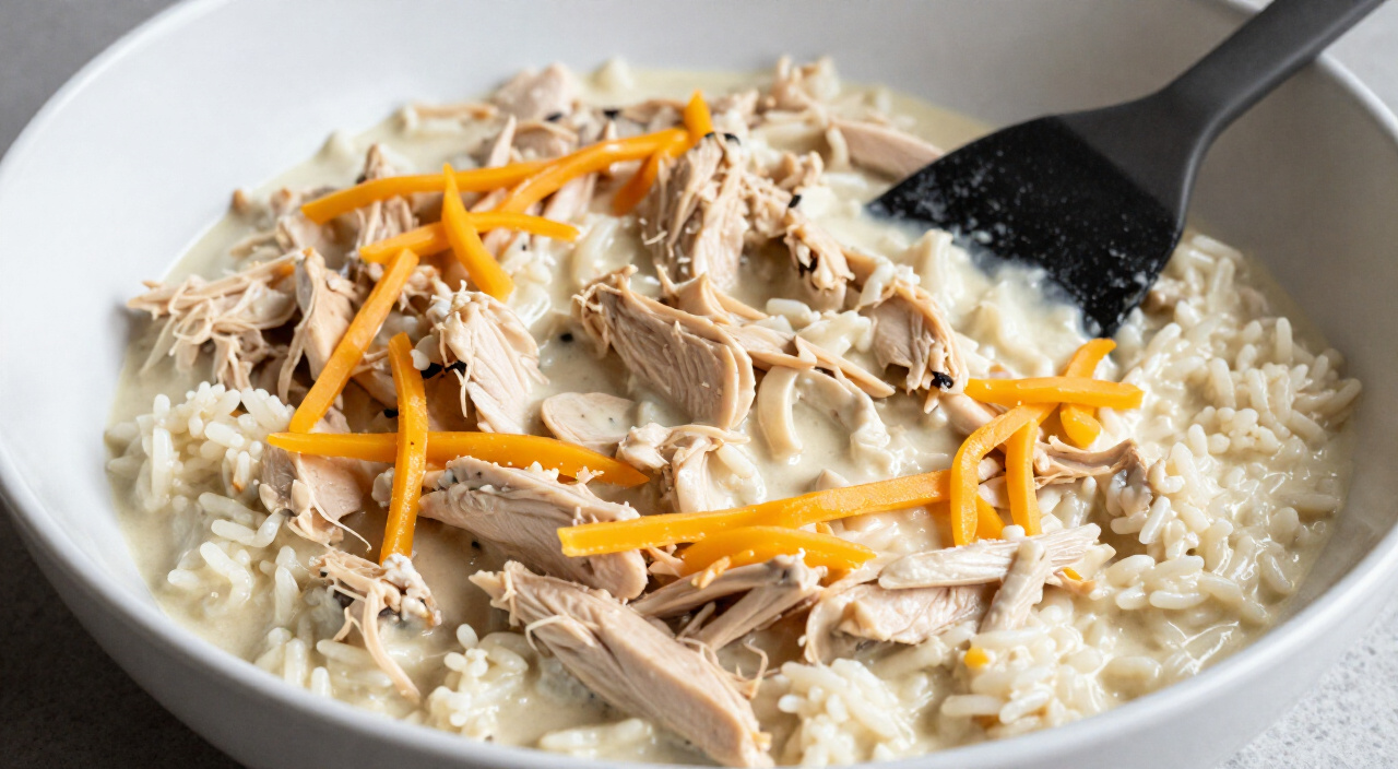 creamy chicken, rice and cheddar mixture in a bowl with a spatula