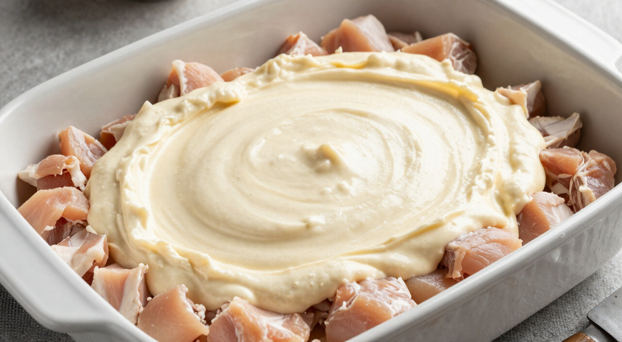 creamy sauce spread over raw chicken cubes in a baking dish