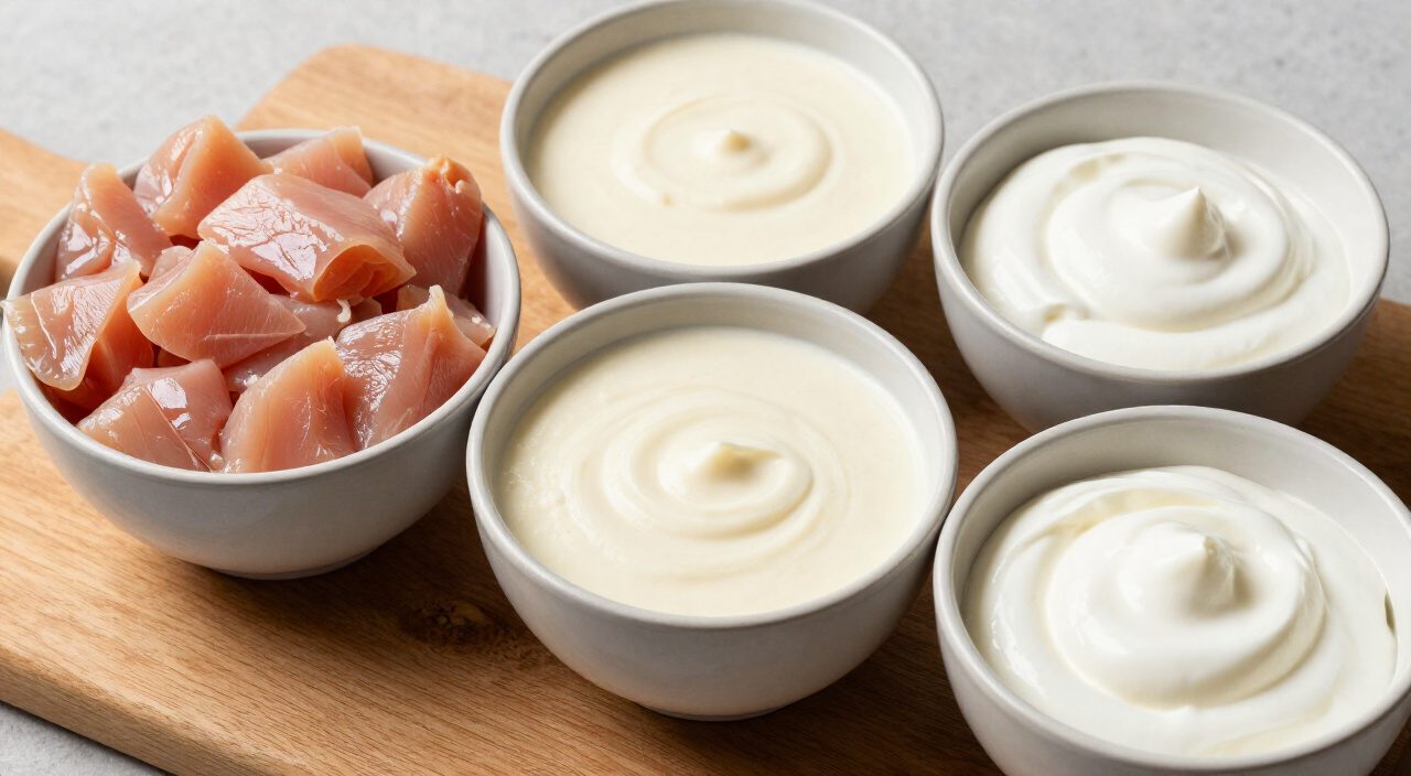 Cubed raw chicken breast, cream of chicken soup and sour cream in bowls on a wooden cutting board