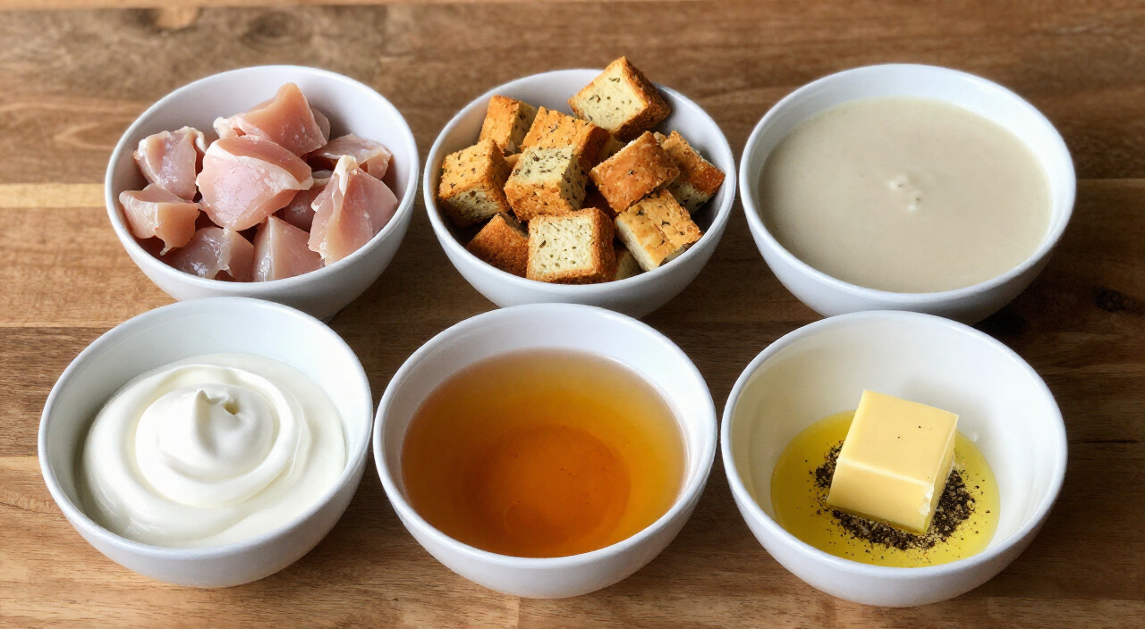 cubed raw chicken, stuffing mix, cream of chicken soup, sour cream, broth, butter and pepper in bowls