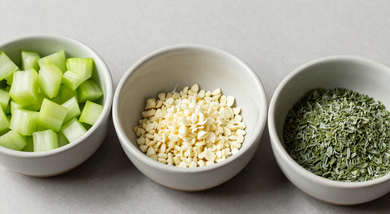 Diced celery, minced garlic and finely chopped fresh sage in three bowls