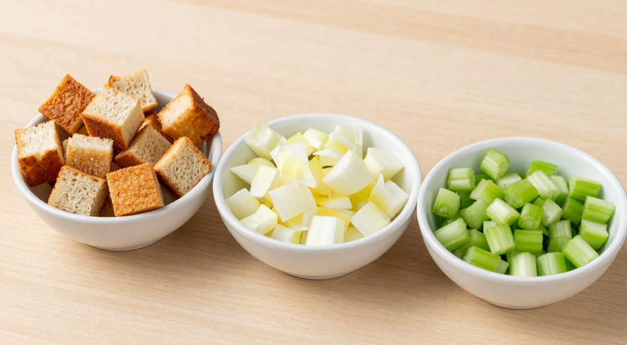 dried bread cubes, diced onion and diced celery in three bowls for stuffing casserole