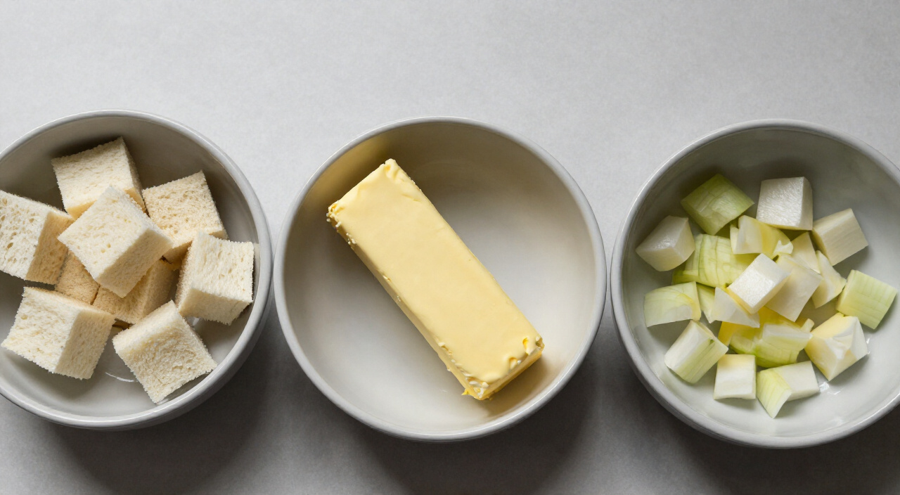 Dried bread cubes, a stick of unsalted butter and diced yellow onion in three bowls