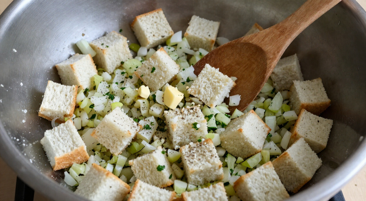 dried bread cubes tossed with vegetables and parsley in a large bowl