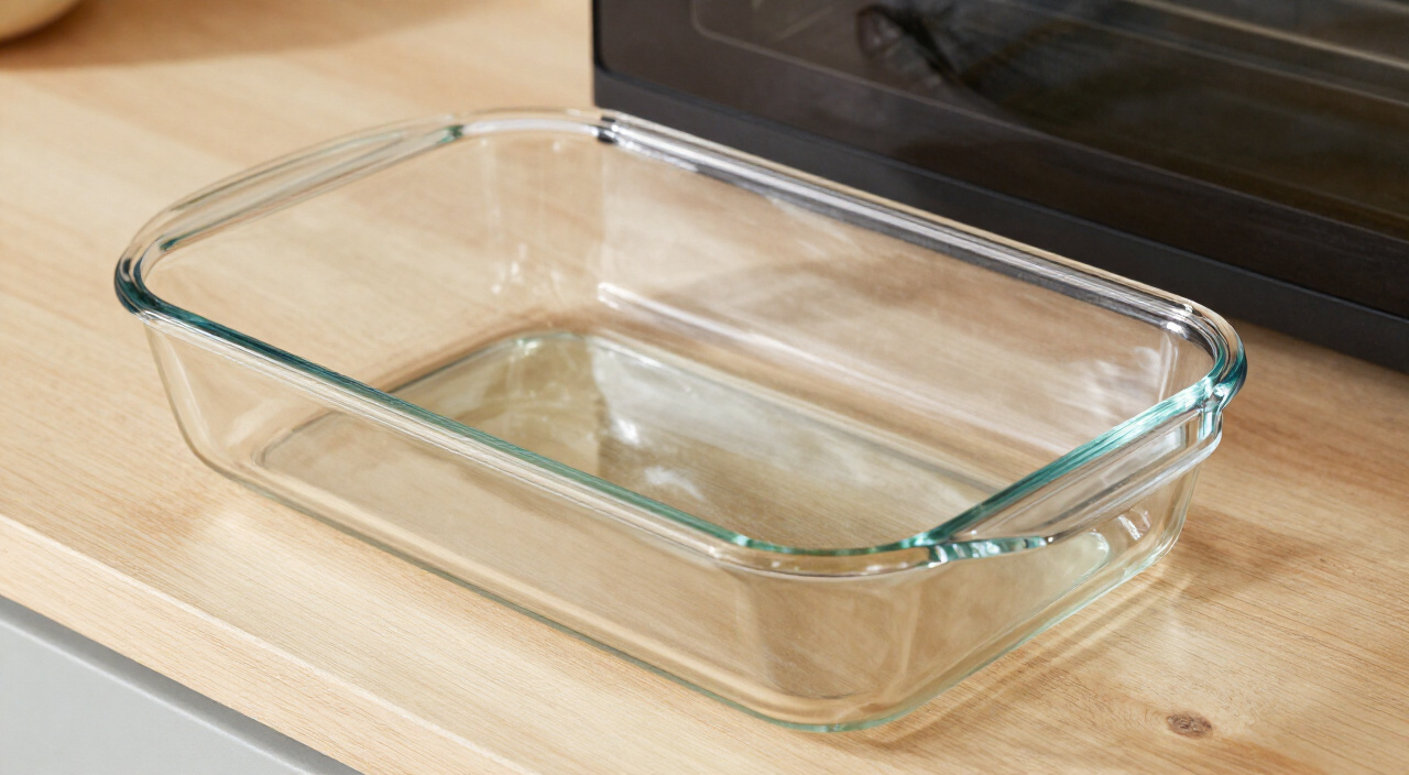 empty greased 9x13 glass baking dish on a wooden counter