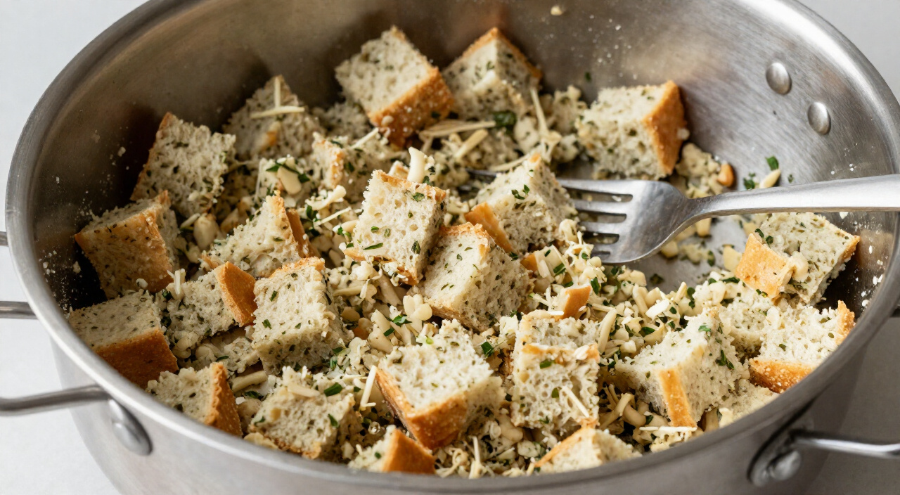 fluffy prepared stuffing with herbs in a saucepan with a fork