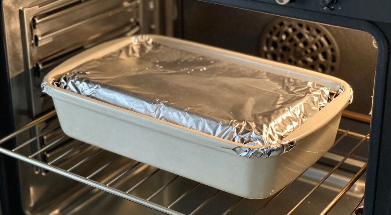 foil-covered baking dish on the middle rack of an oven