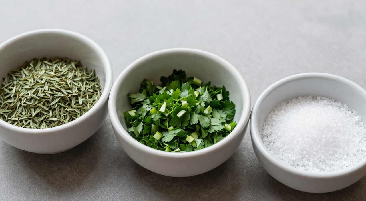 Fresh thyme leaves, chopped flat-leaf parsley and kosher salt in three bowls