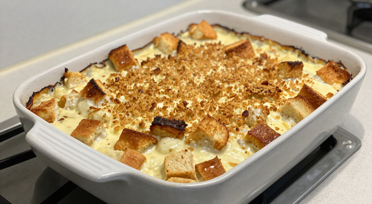 golden-brown baked chicken and stuffing casserole bubbling in a white dish