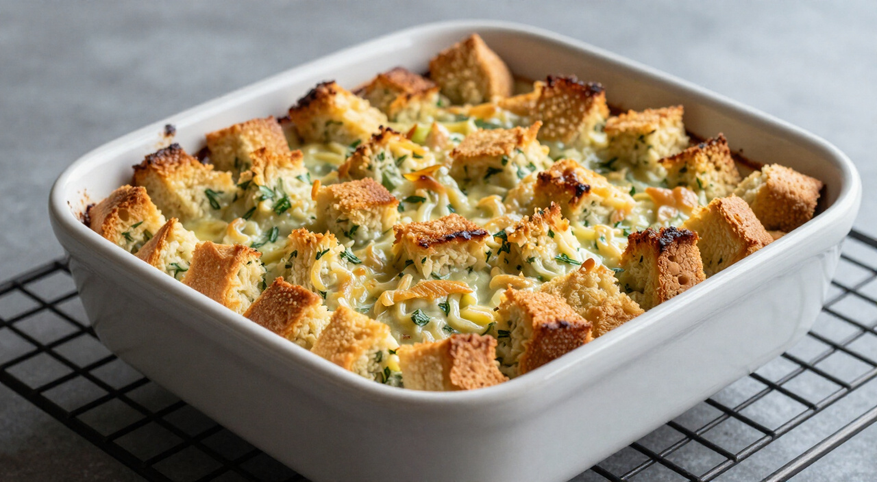 golden-brown baked stuffing casserole in a ceramic dish on a wire rack