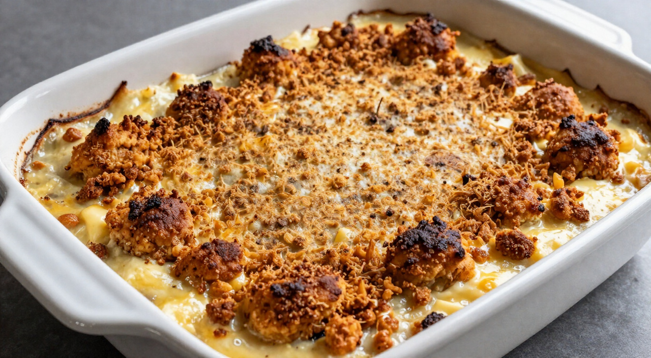golden craggy stuffing topping on a baked chicken casserole with bubbling edges