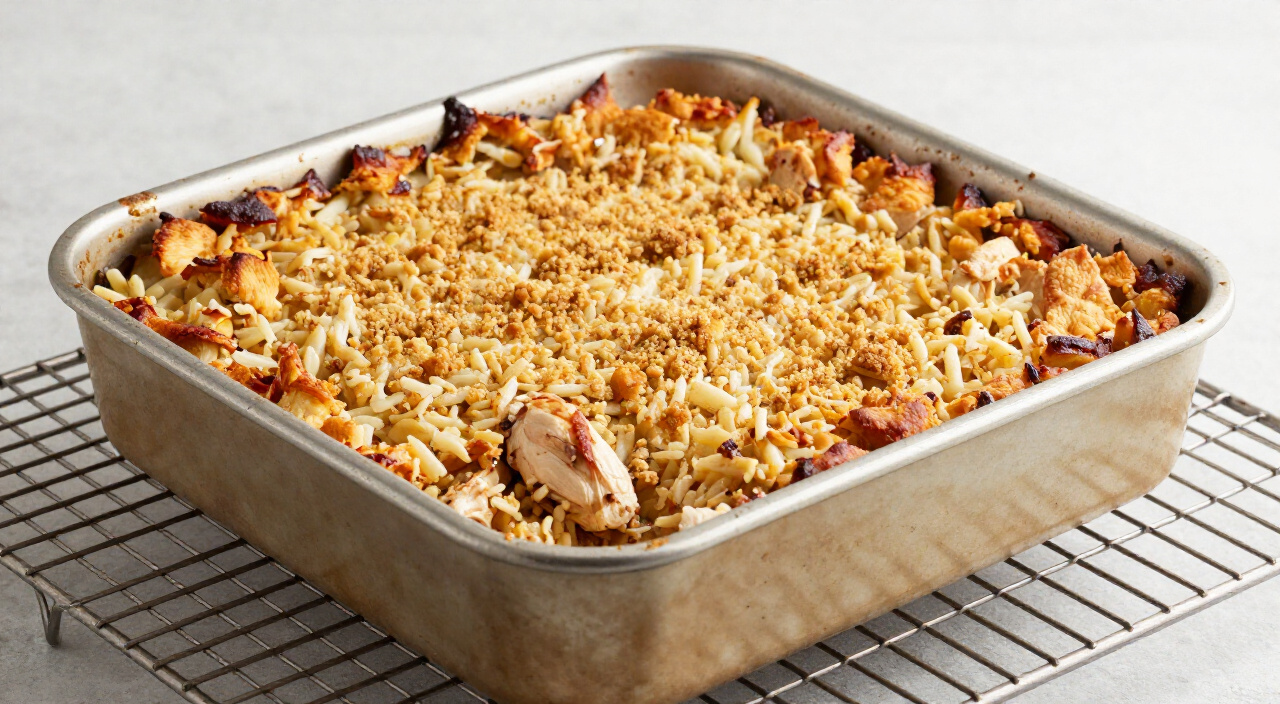 Golden Ritz cracker topped chicken casserole in a 9x13 baking dish on a cooling rack