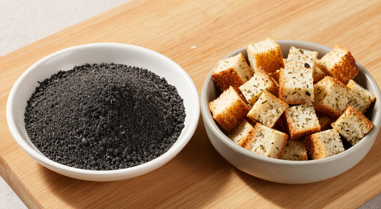 Ground black pepper and dry chicken stuffing mix on a wooden cutting board