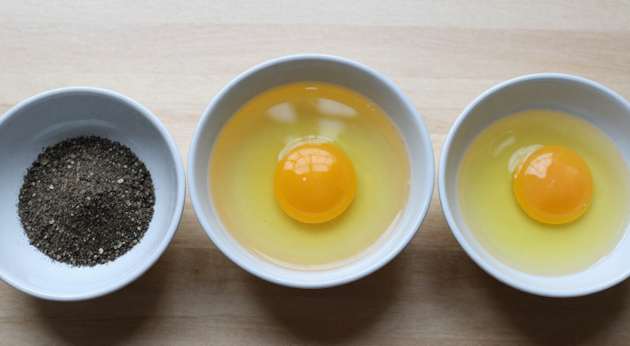 Ground black pepper, warm vegetable broth and beaten eggs in three bowls