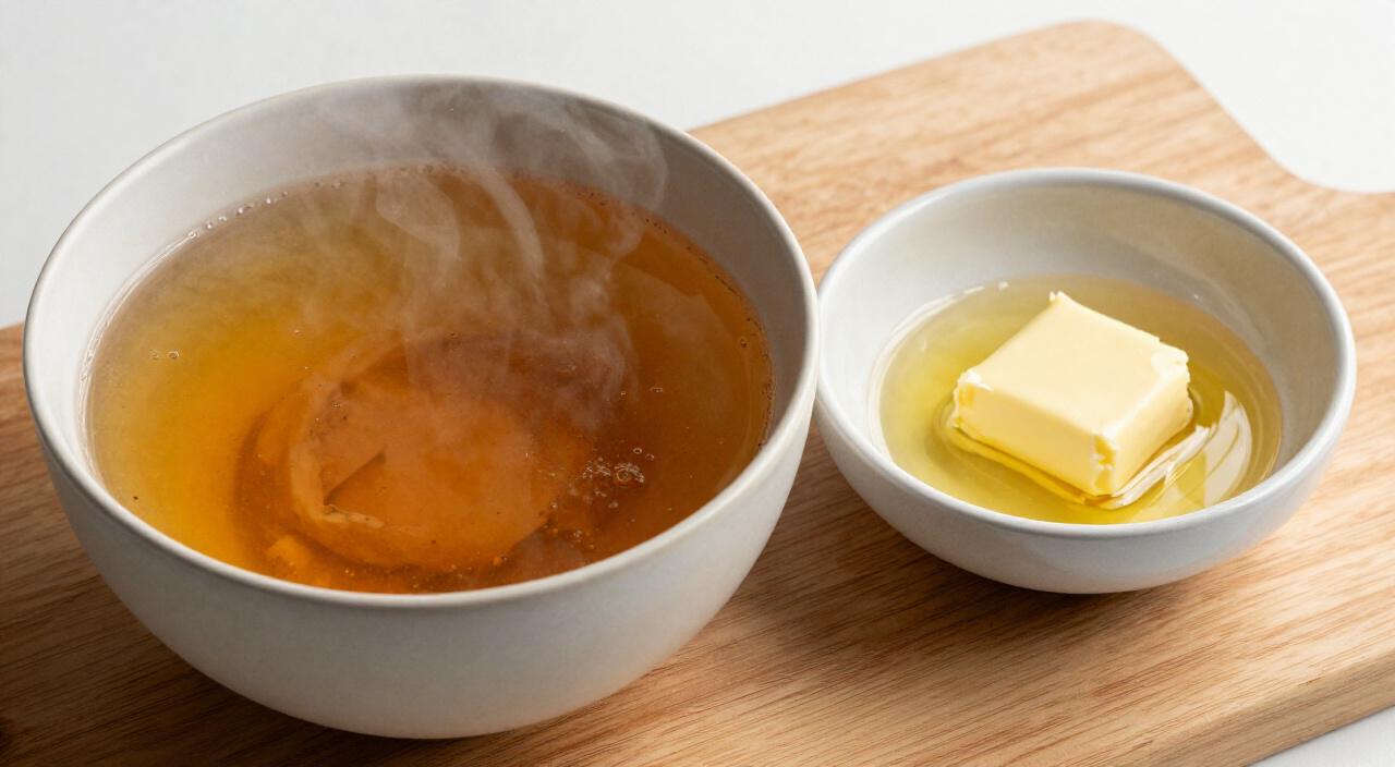 Hot chicken broth and melted butter in bowls on a wooden cutting board