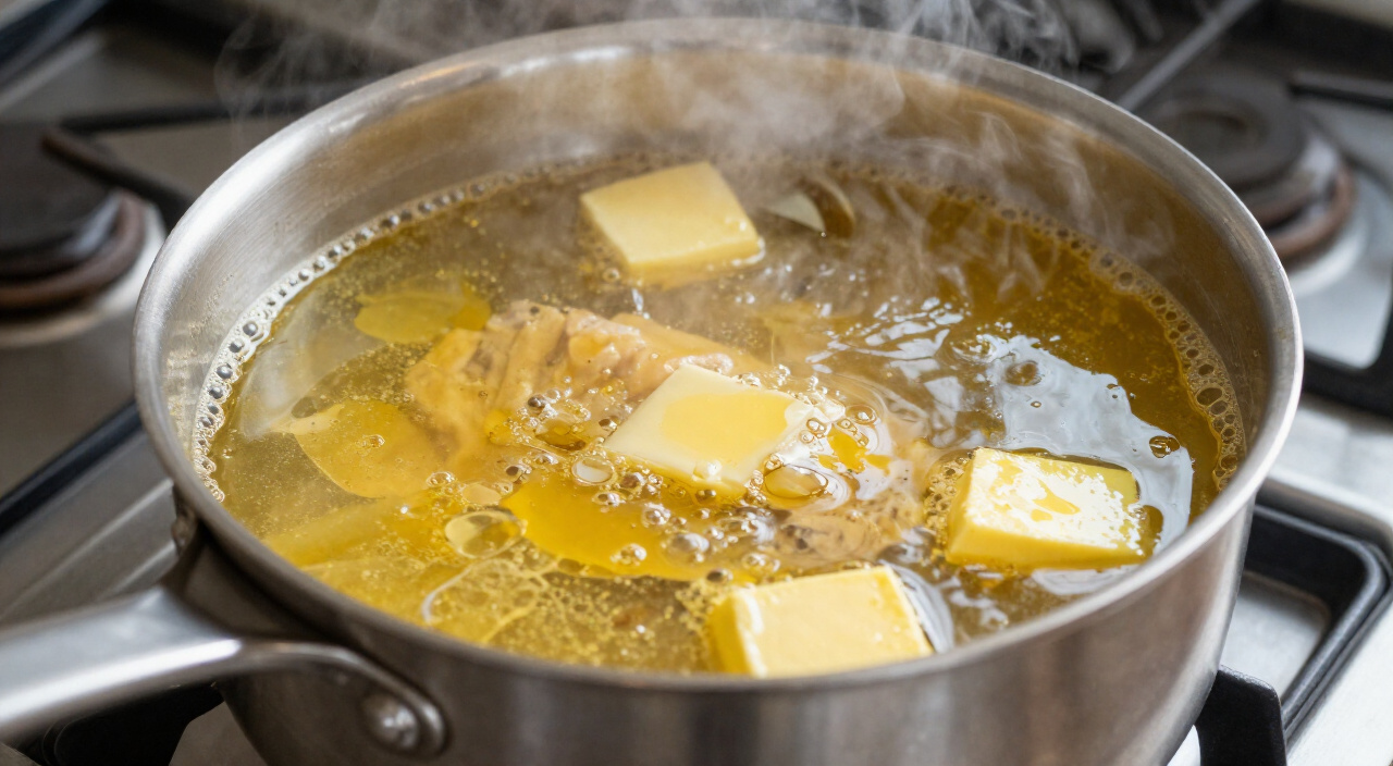 hot chicken broth and melted butter simmering in a saucepan