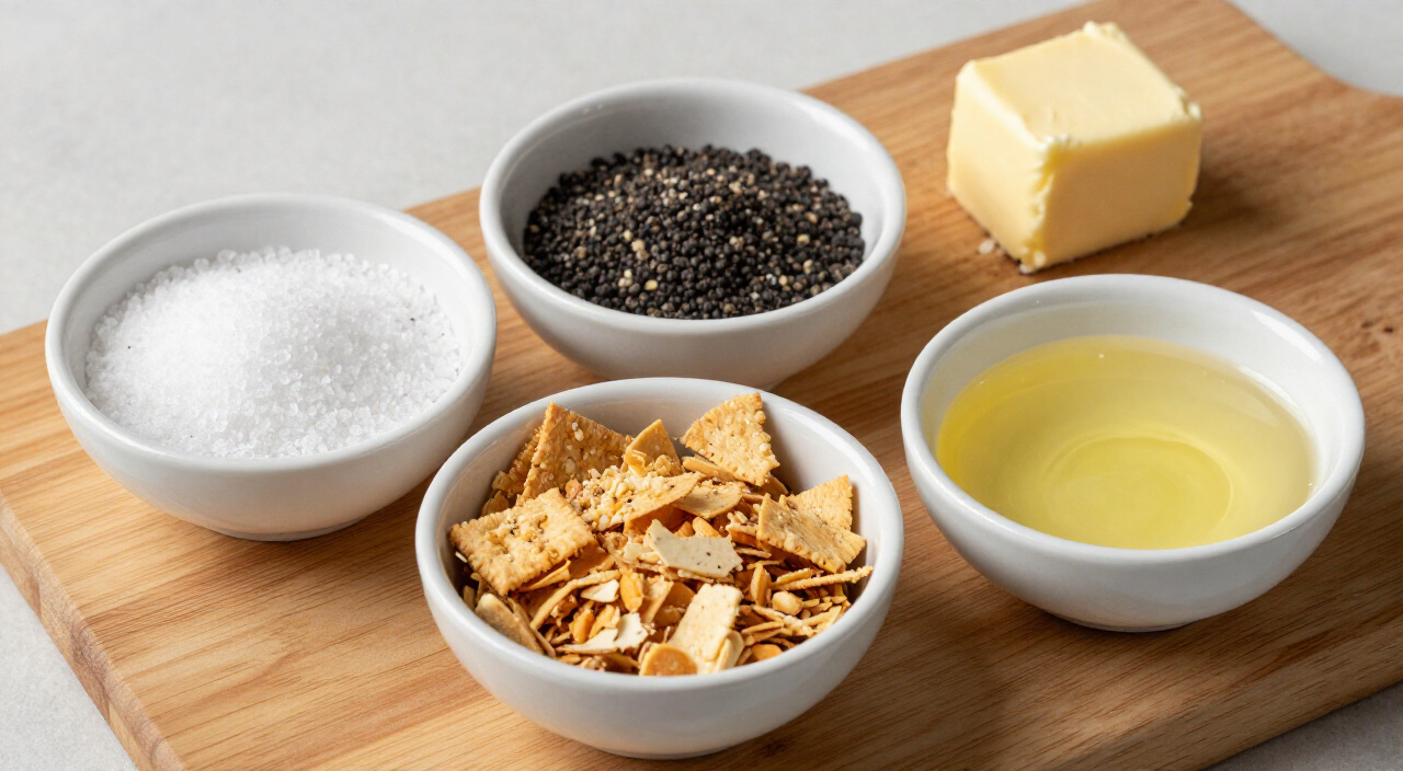 Kosher salt, black pepper, crushed Ritz crackers and melted butter on a wooden cutting board
