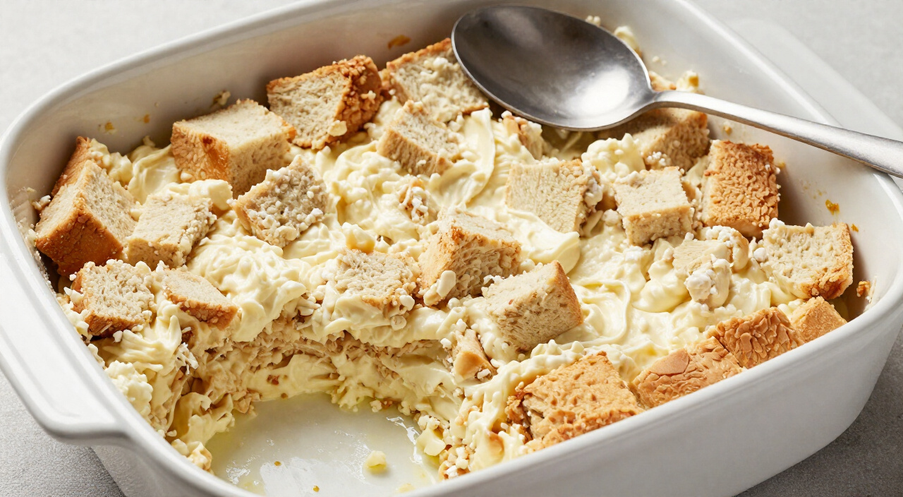 moist stuffing spooned over creamy chicken in a baking dish before baking