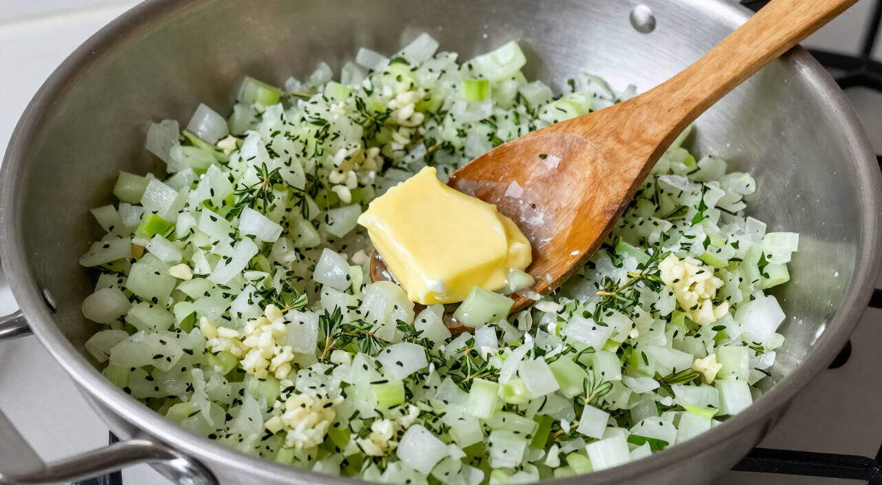 onion, celery, garlic and fresh herbs in butter in a skillet