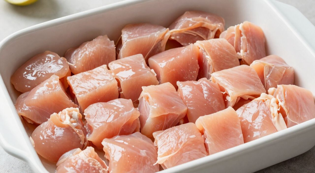 raw chicken cubes spread in a single layer in a white 9x13 baking dish