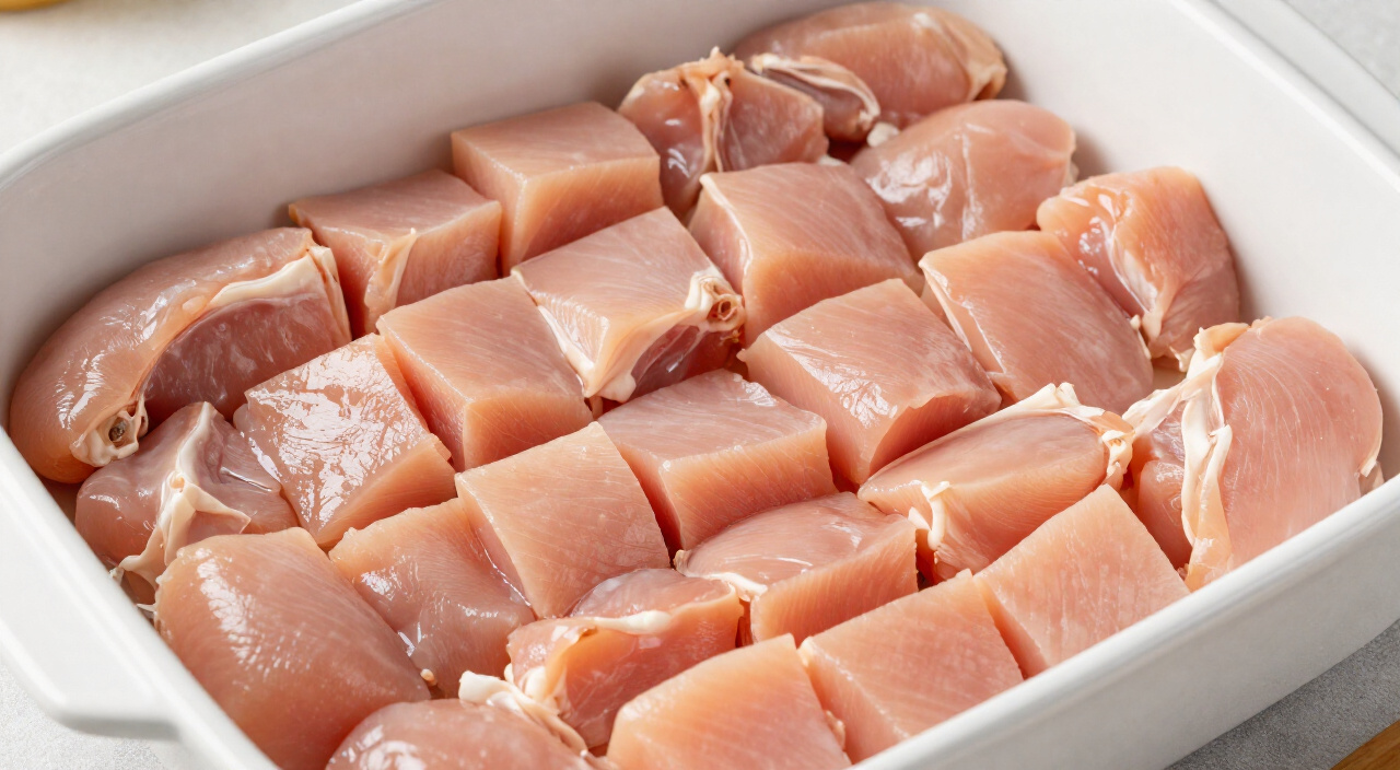 raw cubed chicken breast spread in a single layer in a white baking dish