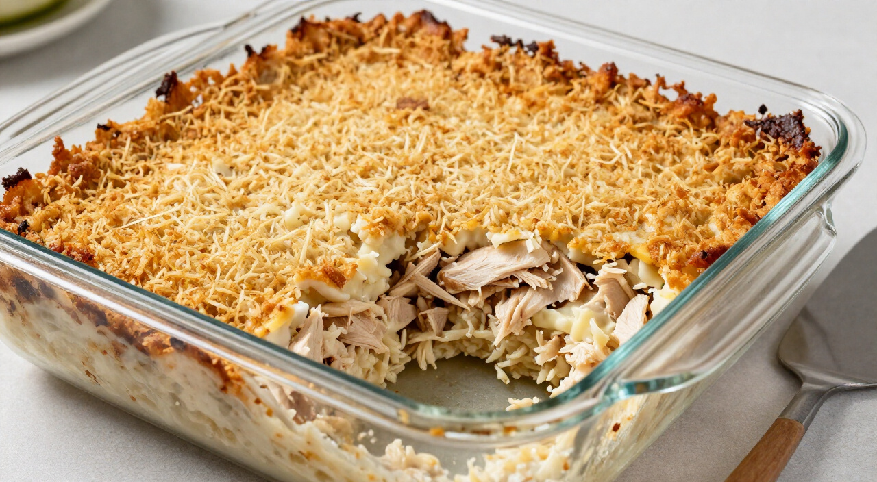 rested chicken casserole with one portion removed showing creamy filling under a golden crust