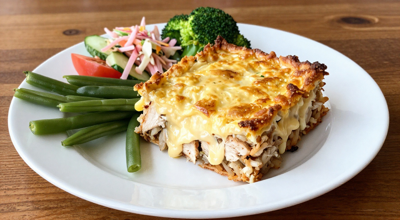 Ritz cracker chicken casserole plated with green beans, cucumber tomato salad, coleslaw and roasted broccoli