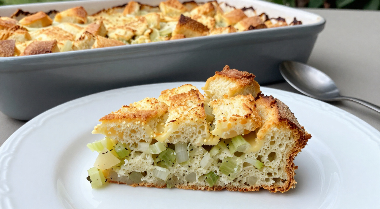 serving of baked stuffing casserole on a white plate beside the baking dish