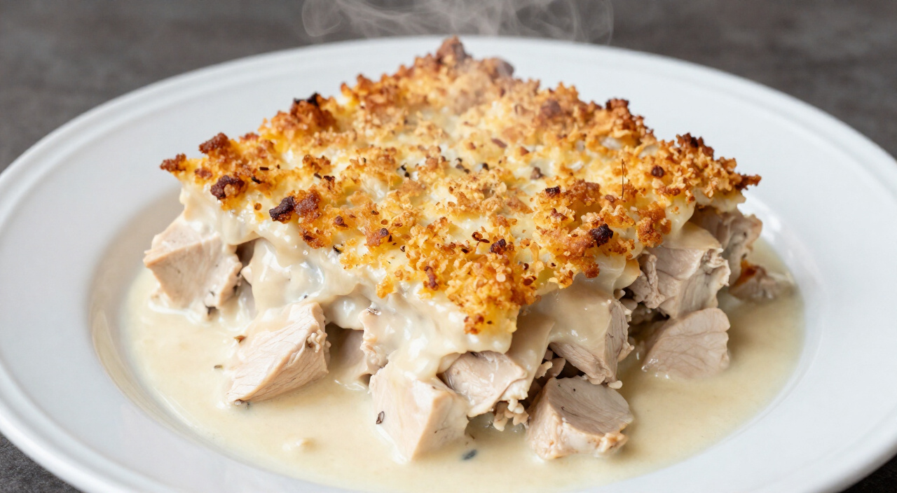 serving of chicken and stuffing casserole showing golden stuffing and creamy chicken layers