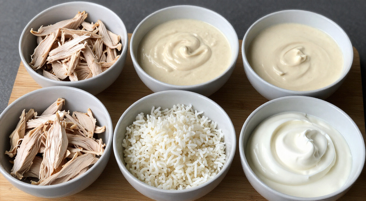 Shredded chicken, cooked white rice, cream of chicken soup and sour cream in bowls on a wooden cutting board