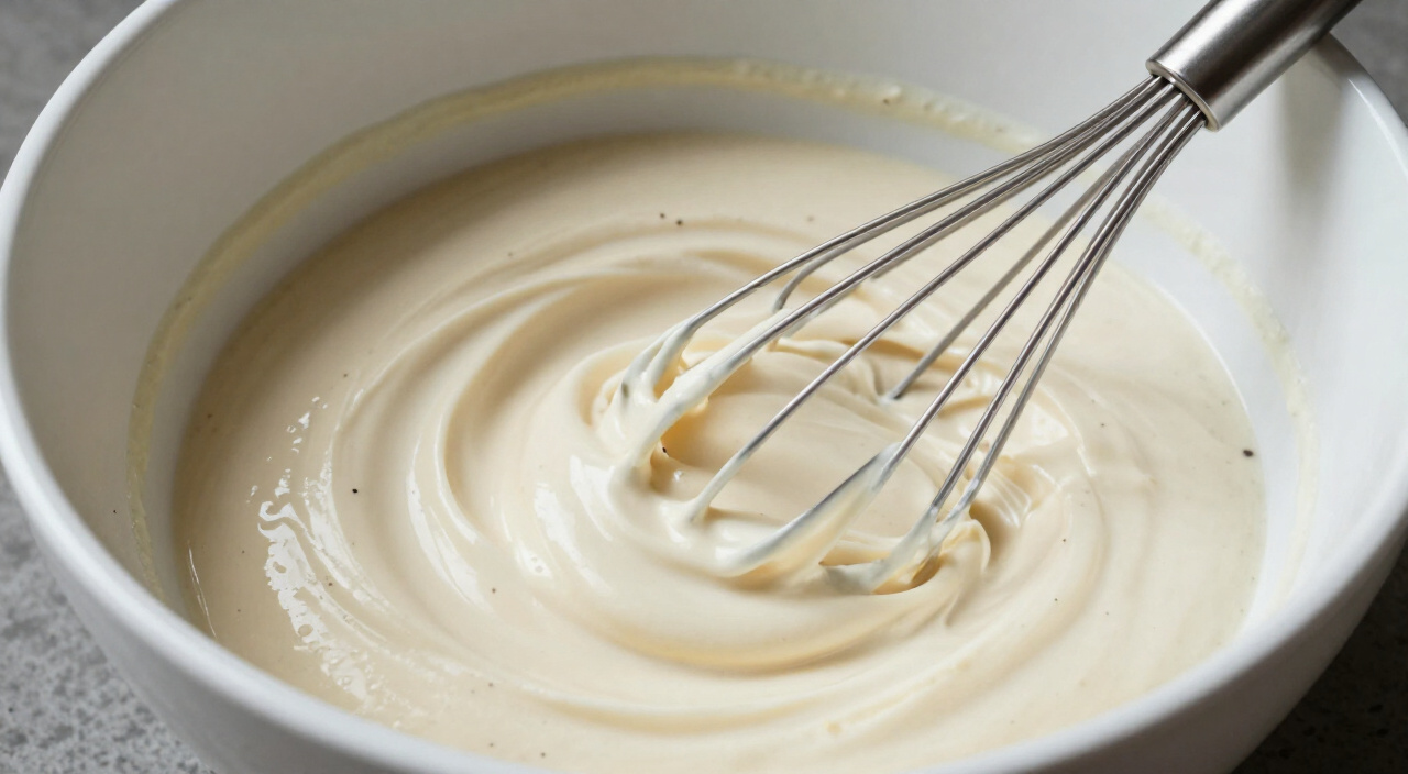 smooth creamy sauce with pepper flecks in a mixing bowl with a whisk