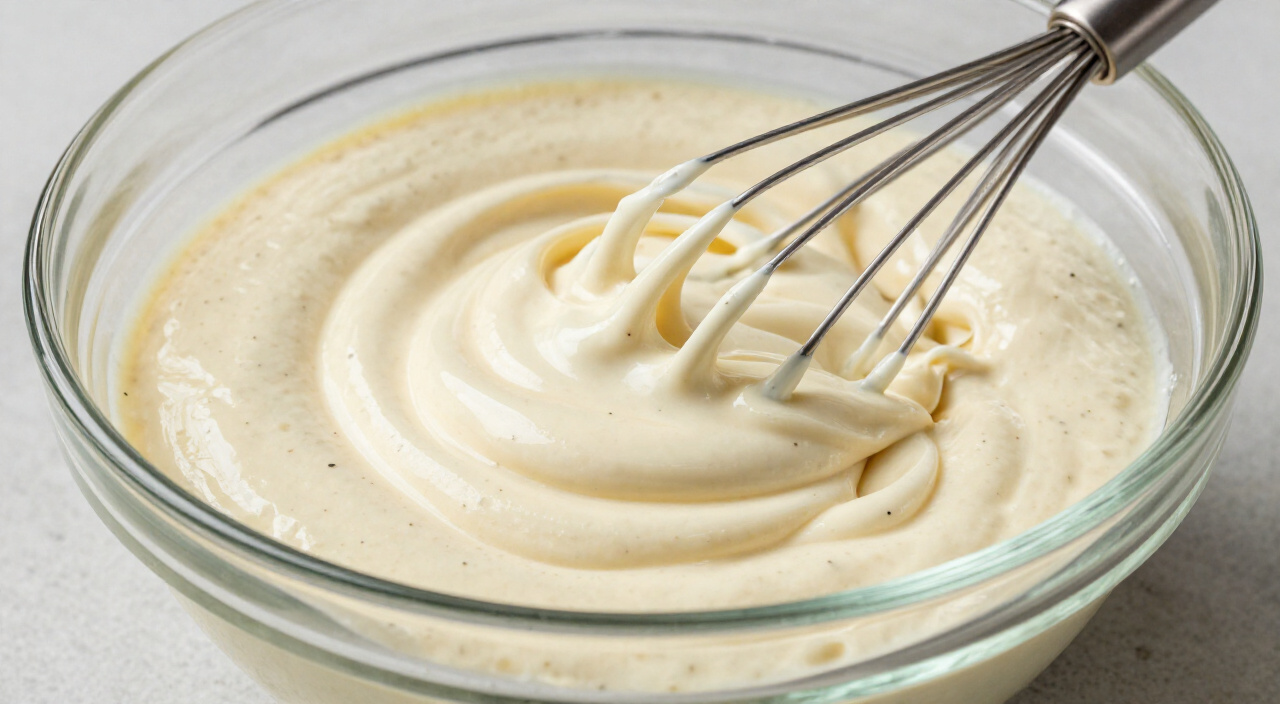 smooth creamy soup and sour cream sauce with black pepper in a glass bowl