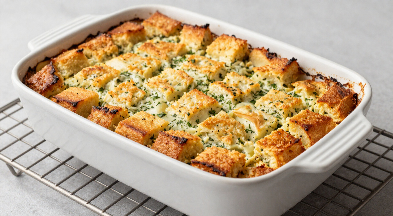 stuffing casserole with a crisp golden-brown top in a white baking dish on a wire rack