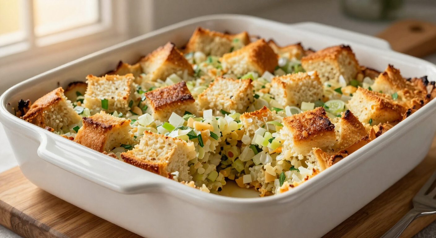 Golden Herb Butter Stuffing Casserole with Crispy Edges