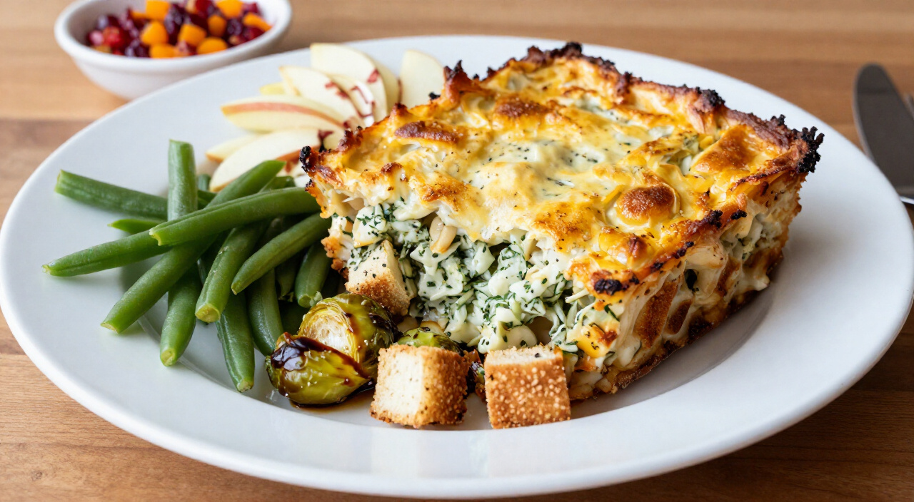 Stuffing casserole plated with green beans, apple fennel salad, Brussels sprouts and cranberry-orange relish