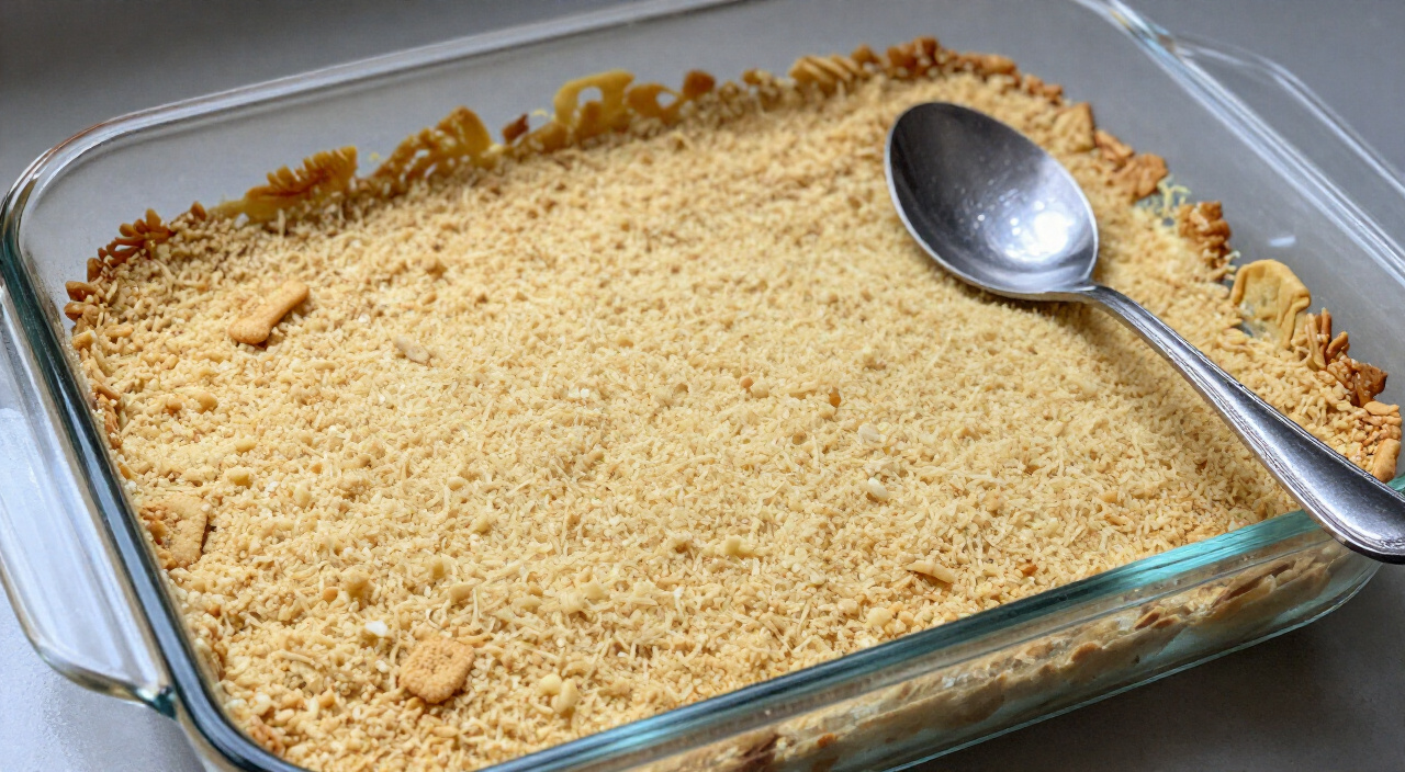 unbaked casserole covered with buttery Ritz cracker crumbs in a glass dish