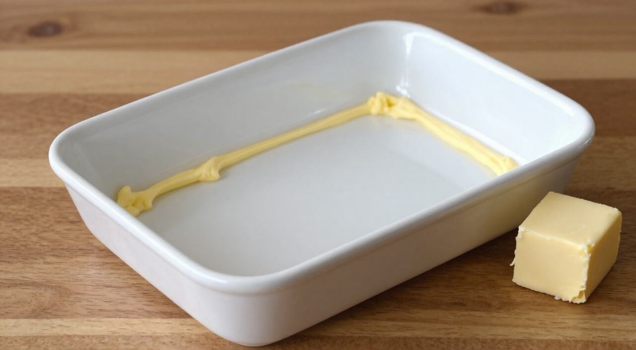 white 9x13 ceramic baking dish greased with butter, glossy corners, next to a block of butter