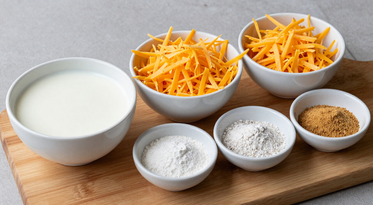 Whole milk, shredded sharp cheddar, garlic powder and onion powder on a wooden cutting board